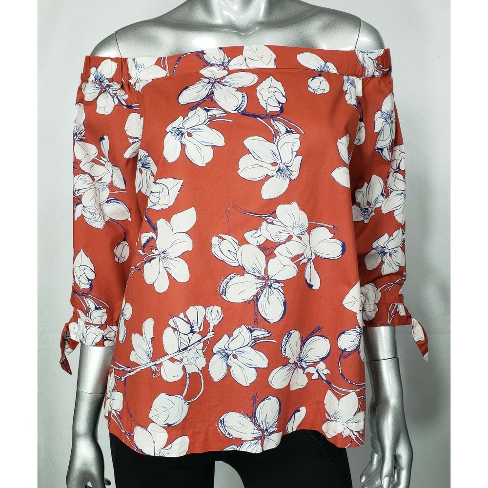 Ann Taylor Loft Outlet Blouse S Burnt Orange Floral Off Shoulder 3/4 Bow Sleeve